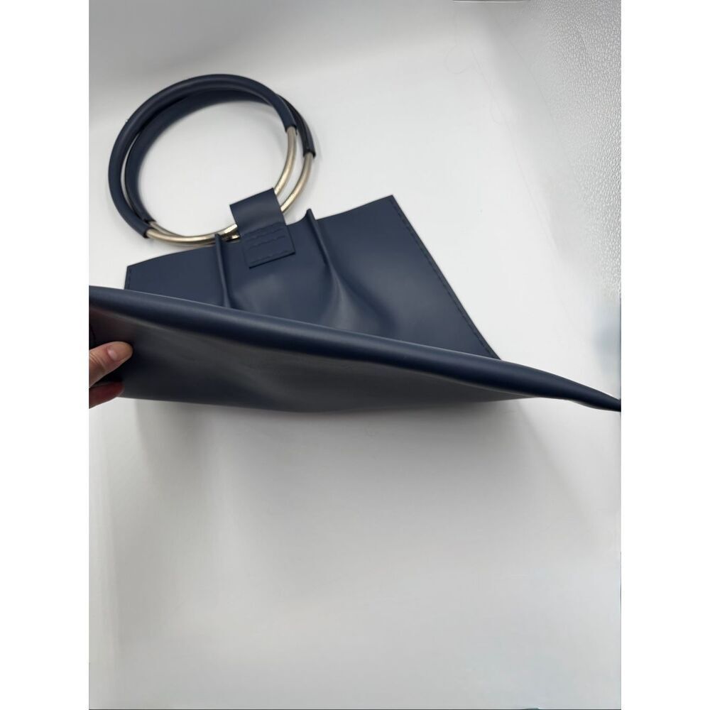 KLISAB Blue Leather Ring Handle Tote Bag Minimalist Top Handle Purse Handmade - Picture 10 of 13